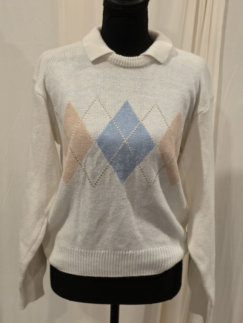 Vtg Licorice Sweater Womens M Pastel Argyle Knit Collared Pullover Korea 80s
